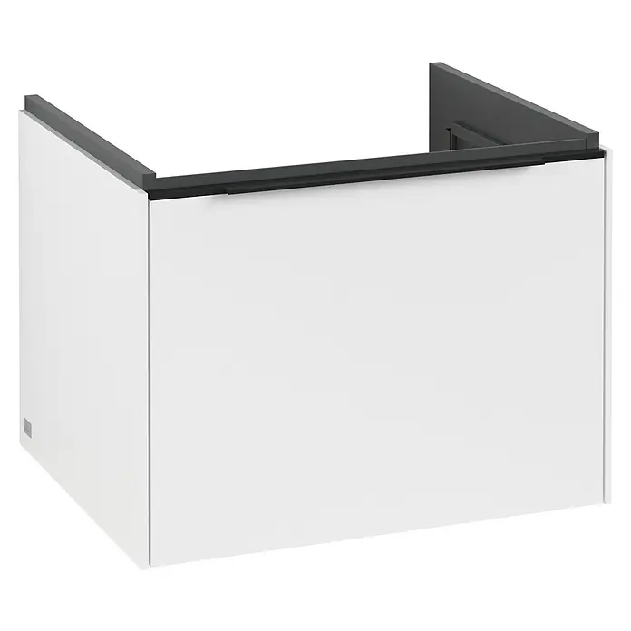 Villeroy & Boch Subway 3.0 Waschbeckenunterschrank - Pure White, Anzahl Schubladen: 1 Stk., Farbe Griff: Volcano Black, B x T x H: 57,2 x 47,8 x 42,9 cm, Mit Beleuchtung - Detailaufnahme eines modernen weißen Waschtischunterschranks mit stilvoller, dunkler Oberseite. Die klare Linienführung betont das minimalistische Design.