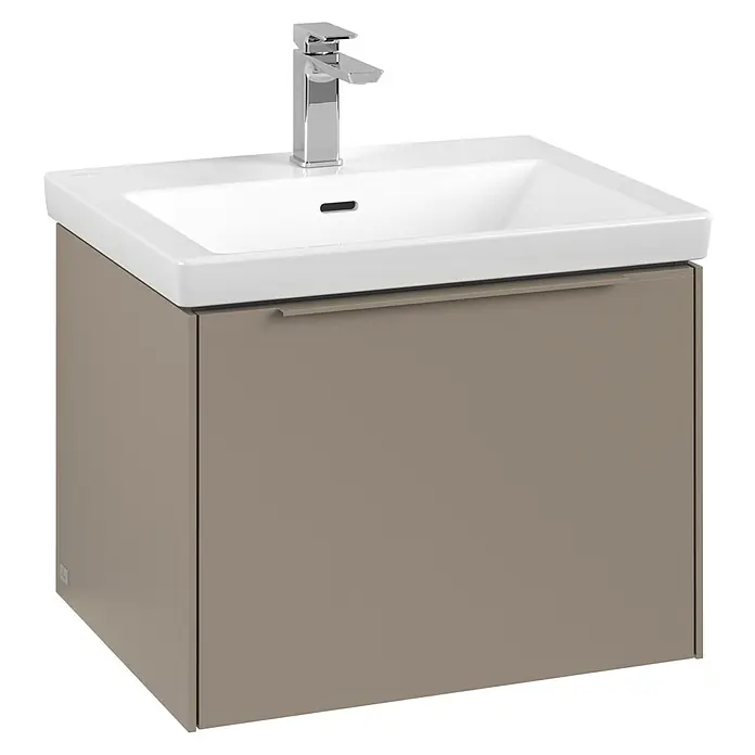 Villeroy & Boch Subway 3.0 Waschbeckenunterschrank - Taupe, Anzahl Schubladen: 1 Stk., Farbe Griff: Monochrom, B x T x H: 57,2 x 47,8 x 42,9 cm, Mit Beleuchtung - Ein moderner Waschtischunterschrank in Taupe mit einem weißen Waschbecken und einer Chromarmatur. Elegantes Design für jedes Badezimmer.