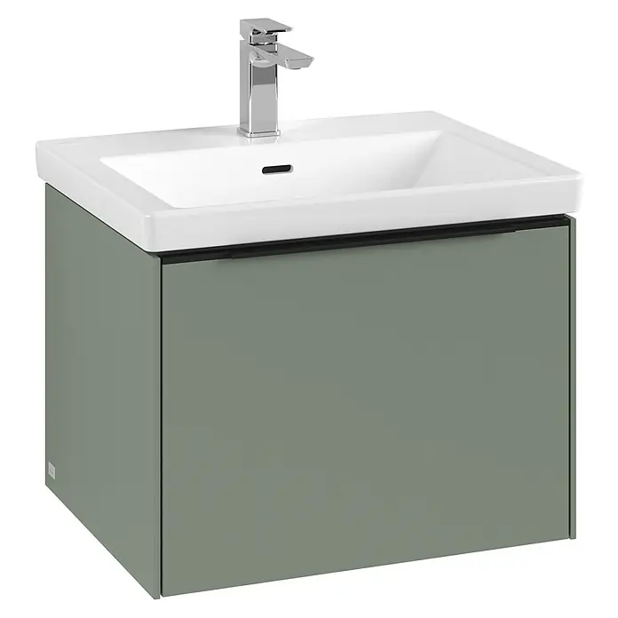Villeroy & Boch Subway 3.0 Waschbeckenunterschrank - Soft Green, Anzahl Schubladen: 1 Stk., Farbe Griff: Volcano Black, B x T x H: 57,2 x 47,8 x 42,9 cm, Mit Beleuchtung - Hier ist ein Waschbeckenunterschrank in Salbeigrün mit einem schlichten, modernen Design und Chromarmatur.