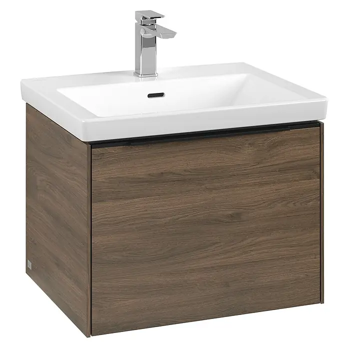 Villeroy & Boch Subway 3.0 Waschbeckenunterschrank - Arizona Oak, Anzahl Schubladen: 1 Stk., Farbe Griff: Volcano Black, B x T x H: 57,2 x 47,8 x 42,9 cm, Mit Beleuchtung - Moderne Waschtischkombination mit Holzunterschrank und Aufsatzwaschbecken. Der Waschtisch hat eine elegante Chromarmatur.