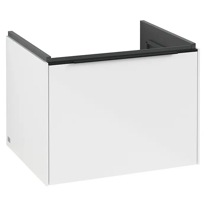 Villeroy & Boch Subway 3.0 Waschbeckenunterschrank - Brilliant White, Anzahl Schubladen: 1 Stk., Farbe Griff: Volcano Black, B x T x H: 57,2 x 47,8 x 42,9 cm, Mit Beleuchtung - Ein modernes, weißes Badezimmer-Unterschrank-Element mit einer dunklen Abdeckung für ein stilvolles Badezimmerdesign.