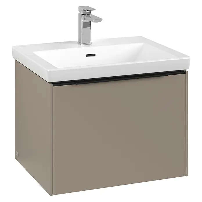 Villeroy & Boch Subway 3.0 Waschbeckenunterschrank - Taupe, Anzahl Schubladen: 1 Stk., Farbe Griff: Volcano Black, B x T x H: 57,2 x 47,8 x 42,9 cm, Mit Beleuchtung - Aufnahme eines modernen Waschtischs mit einer hellen Arbeitsplatte und einem neutralen Unterschrank.