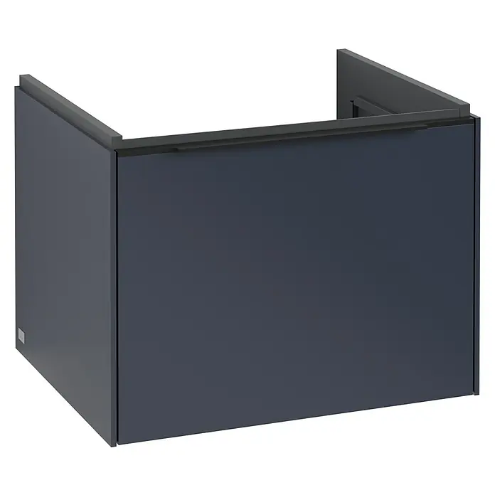 Villeroy & Boch Subway 3.0 Waschbeckenunterschrank - Marine Blue, Anzahl Schubladen: 1 Stk., Farbe Griff: Volcano Black, B x T x H: 57,2 x 47,8 x 42,9 cm, Mit Beleuchtung - Abgebildeter Badezimmerschrank in modernem Design mit schlichter, dunkler Farbgebung und klaren Linien, ideal für jedes stilvolle Badezimmer.