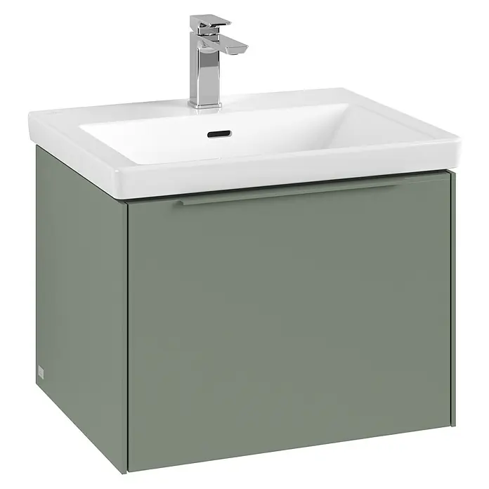 Villeroy & Boch Subway 3.0 Waschbeckenunterschrank - Soft Green, Anzahl Schubladen: 1 Stk., Farbe Griff: Monochrom, B x T x H: 57,2 x 47,8 x 42,9 cm, Mit Beleuchtung - Modernes Badezimmer-Waschbecken mit einem Unterschrank in Salbei-Grün und einer Armatur in Chrom. Eine elegante Ergänzung für jedes Badezimmer.