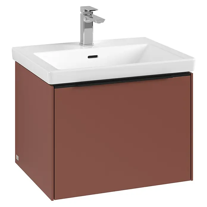 Villeroy & Boch Subway 3.0 Waschbeckenunterschrank - Wine Red, Anzahl Schubladen: 1 Stk., Farbe Griff: Volcano Black, B x T x H: 57,2 x 47,8 x 42,9 cm, Mit Beleuchtung - Moderne Badezimmer-Waschtischkombination in Braun mit weißem Waschbecken und chromfarbener Armatur für ein stilvolles Badambiente.