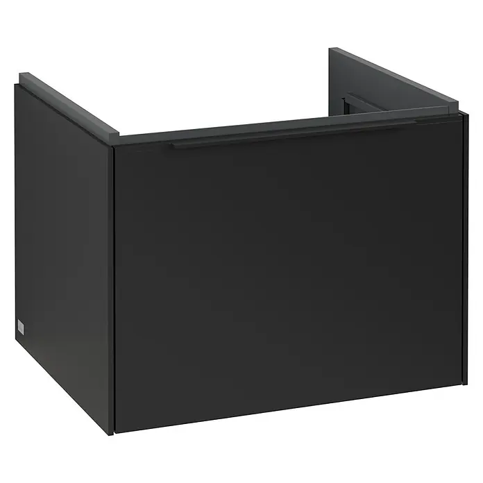 Villeroy & Boch Subway 3.0 Waschbeckenunterschrank - Volcano Black, Anzahl Schubladen: 1 Stk., Farbe Griff: Volcano Black, B x T x H: 57,2 x 47,8 x 42,9 cm, Mit Beleuchtung - Nahaufnahme eines modernen schwarzen Waschbeckenunterschranks, der elegantes Design und Funktionalität für das Badezimmer vereint.