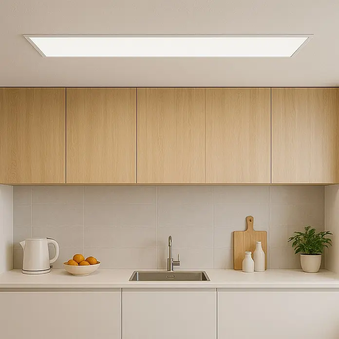 Panel LED Ultraslim - 48 W, L x An x Al: 0,9 x 30 x 120 cm, Blanco - Una lámpara de techo LED rectangular ilumina una cocina moderna con gabinetes de madera clara y encimeras blancas.