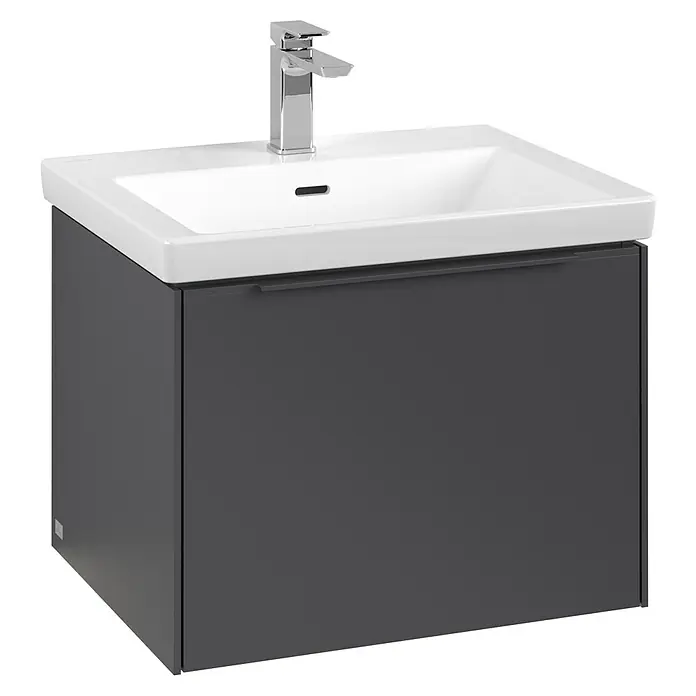 Villeroy & Boch Subway 3.0 Waschbeckenunterschrank - Graphite, Anzahl Schubladen: 1 Stk., Farbe Griff: Monochrom, B x T x H: 57,2 x 47,8 x 42,9 cm, Mit Beleuchtung - Ein moderner Waschtisch mit einem grauen Unterschrank und einem eleganten Wasserhahn. Ideal für stilvolle Badezimmer.