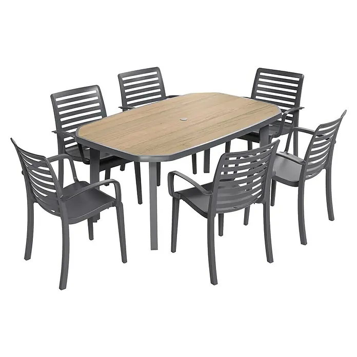 Grosfillex Gartenstuhl Slat - Polypropylen, Klappbar, Anthrazit, B x T x H: 42 x 50 x 93 cm - Stilvolle Gartenmöbel: Tisch mit Holzplatte und sechs graue Stühle. Ideal für entspannte Stunden im Freien.