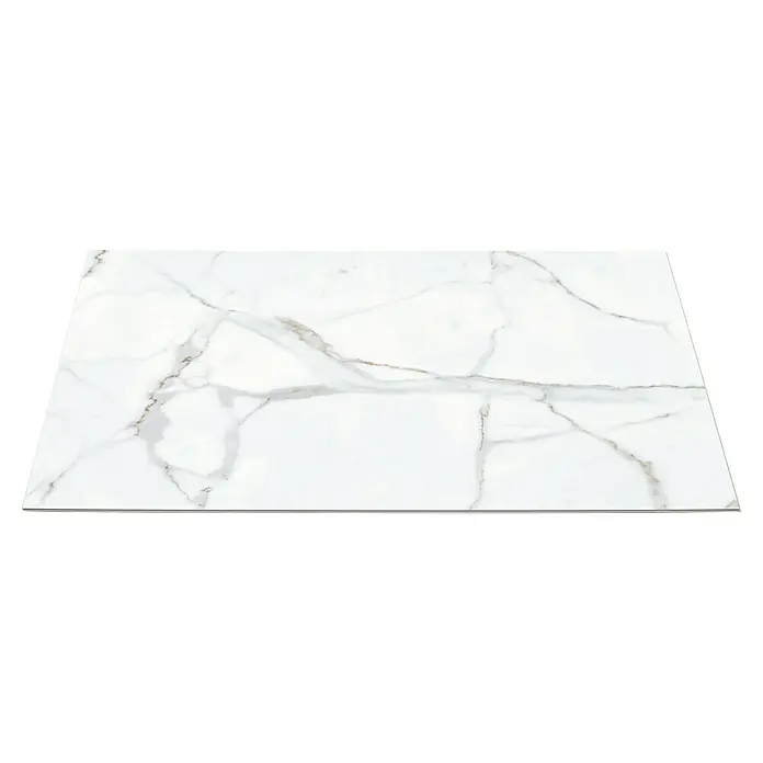 Inspiro Revestimiento de pared de PVC Spring - 75 x 45 cm, Blanco - Primer plano de una baldosa de mármol blanco con vetas grises y doradas, ideal para interiores modernos.