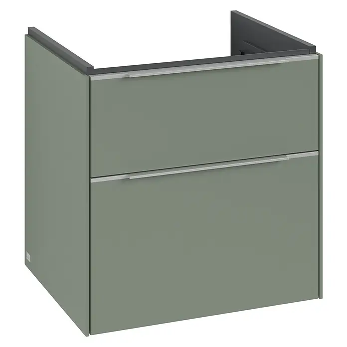 Villeroy & Boch Subway 3.0 Waschbeckenunterschrank - Soft Green, Anzahl Schubladen: 2 Stk., Farbe Griff: Aluminium glänzend, B x T x H: 57,2 x 47,8 x 57,6 cm - Ein moderner Waschtischunterschrank in einem sanften Grünton mit zwei Schubladen und minimalistischen Griffen. Ideal für ein stilvolles Badezimmer.