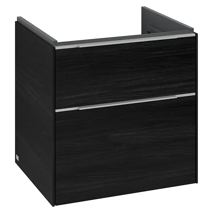 Villeroy & Boch Subway 3.0 Waschbeckenunterschrank - Black Oak, Anzahl Schubladen: 2 Stk., Farbe Griff: Aluminium glänzend, B x T x H: 57,2 x 47,8 x 57,6 cm - Abbildung eines modernen schwarzen Unterschranks mit zwei Schubladen und einem schlichten, geradlinigen Design für das Badezimmer.