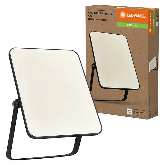 Ledvance Essential LED-Strahler - 30 W, 2.850 lm, 4.000 K, L x B x H: 186 x 128 x 28 mm, IP65 - Ein LEDVANCE Flutlichtstrahler Essential 30W mit Kartonverpackung, ideal für den Außenbereich. Das Licht ist hell und effizient.