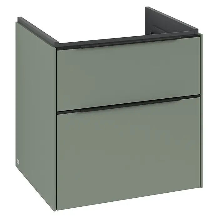Villeroy & Boch Subway 3.0 Waschbeckenunterschrank - Soft Green, Anzahl Schubladen: 2 Stk., Farbe Griff: Volcano Black, B x T x H: 57,2 x 47,8 x 57,6 cm - Elegantes Unterschrank-Waschbecken in Olivgrün mit zwei Schubladen und schmalen, schwarzen Griffen für ein modernes Badezimmerdesign.