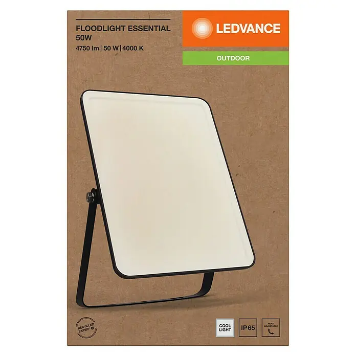 Ledvance LED Baustrahler Essential - 50 W, 4.750 lm, 4.000 K, 238 x 161 x 30 mm, IP65 - Ledvance 50W Outdoor-Fluter mit verstellbarem Kopf, 4750 lm, 4000K kaltes Licht, IP65, schwarzer Rahmen, weiße Platte.