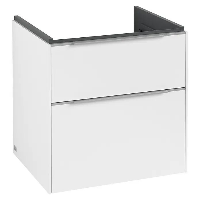 Villeroy & Boch Subway 3.0 Waschbeckenunterschrank - Pure White, Anzahl Schubladen: 2 Stk., Farbe Griff: Aluminium glänzend, B x T x H: 57,2 x 47,8 x 57,6 cm - Ein moderner Waschbeckenunterschrank in Weiß mit zwei Schubladen und einem grauen Aufsatz. Ideal für ein stilvolles Badezimmer.