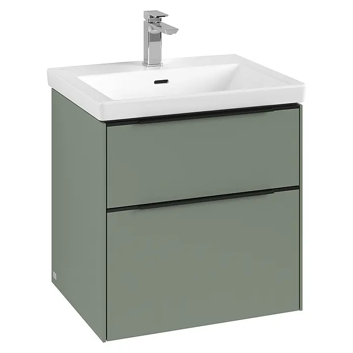 Villeroy & Boch Subway 3.0 Waschbeckenunterschrank - Soft Green, Anzahl Schubladen: 2 Stk., Farbe Griff: Volcano Black, B x T x H: 57,2 x 47,8 x 57,6 cm - Ein moderner Waschtischunterschrank in Grün mit zwei Schubladen und einem weißen Waschbecken. Elegantes Design für jedes Badezimmer.