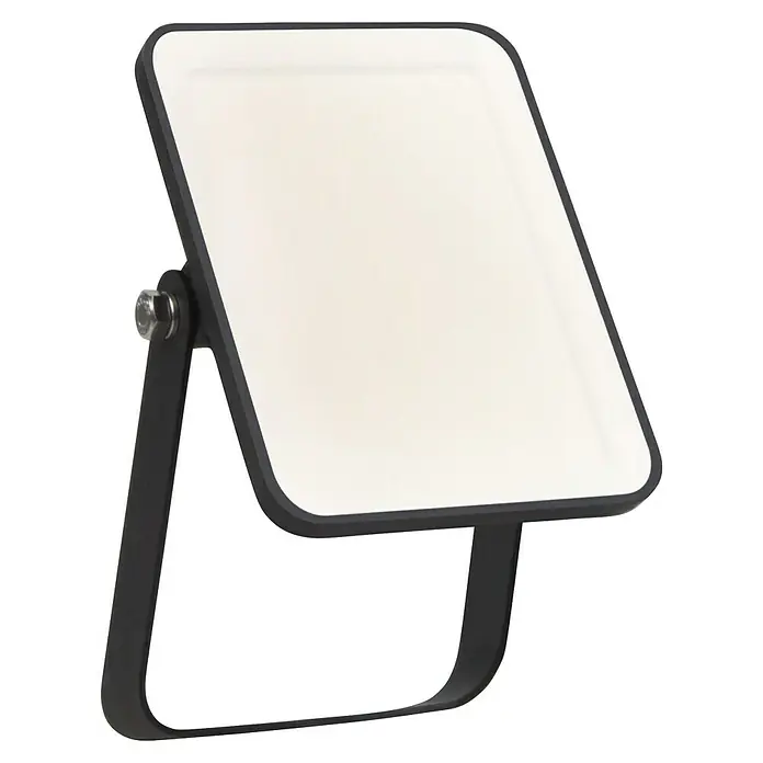 Ledvance Essential LED-Strahler - 10 W, 950 lm, 4.000 K, L x B x H: 132 x 83 x 28 mm, IP65 - Schwarzer LED-Flutlichtstrahler mit weißer Leuchtfläche und verstellbarem Ständer.