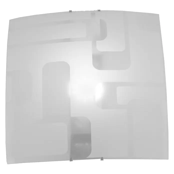 Plafón LED Picasso - 20 W, L x An x Al: 30 x 30 x 12 cm, Blanco, Blanco neutro - Primer plano de una lámpara de pared cuadrada y moderna con cristal esmerilado y diseños geométricos, que da una luz difusa.