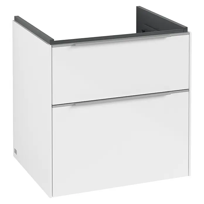 Villeroy & Boch Subway 3.0 Waschbeckenunterschrank - Brilliant White, Anzahl Schubladen: 2 Stk., Farbe Griff: Aluminium glänzend, B x T x H: 57,2 x 47,8 x 57,6 cm - Ein Waschbeckenunterschrank in Weiß mit zwei Schubladen und einem grauen Oberteil. Der Schrank ist modern und schlicht gestaltet.
