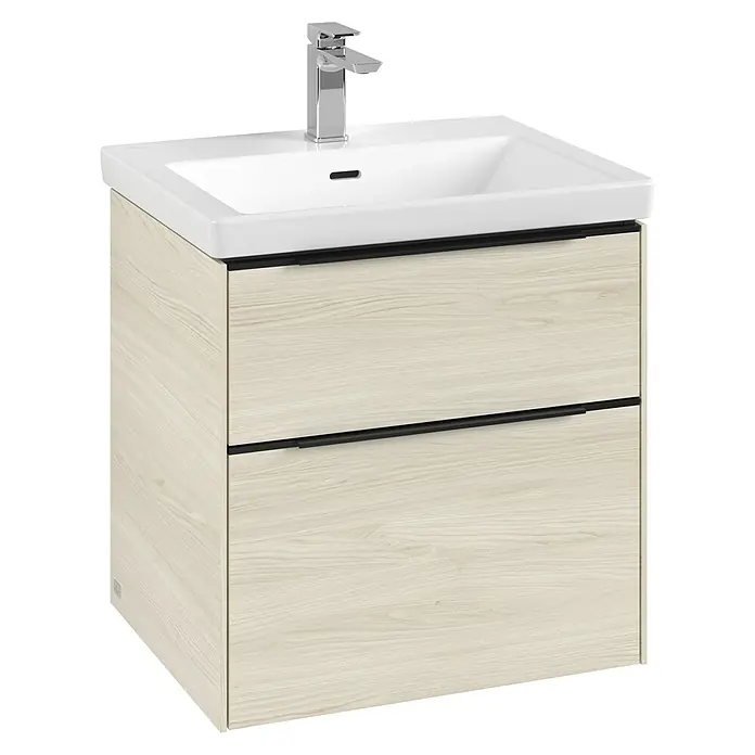 Villeroy & Boch Subway 3.0 Waschbeckenunterschrank - White Oak, Anzahl Schubladen: 2 Stk., Farbe Griff: Volcano Black, B x T x H: 57,2 x 47,8 x 57,6 cm - Moderner Waschtisch mit zwei Schubladen und einem eleganten Wasserhahn, ideal für jedes Badezimmer. Das helle Holzdesign sorgt für eine freundliche Atmosphäre.