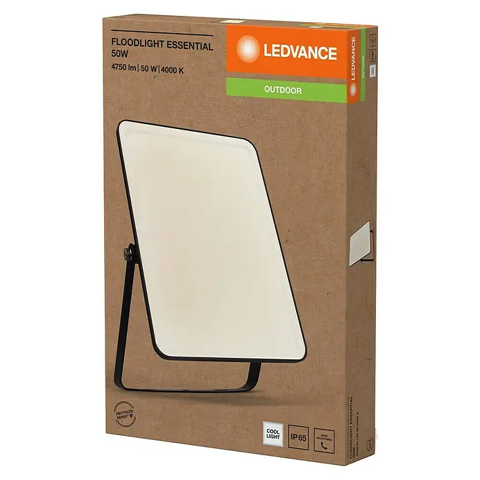 Ledvance LED Baustrahler Essential - 50 W, 4.750 lm, 4.000 K, 238 x 161 x 30 mm, IP65 - LEDVANCE 50W Flutlicht Essential, schwarz-weiß, in brauner Recyclingkartonverpackung. Outdoor, kaltes Licht, IP65, verstellbarer Kopf.