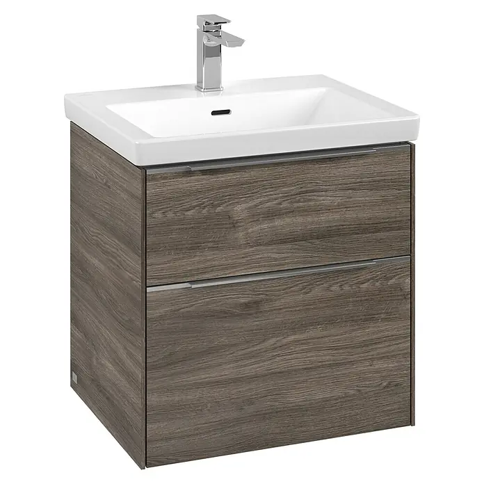 Villeroy & Boch Subway 3.0 Waschbeckenunterschrank - Stone Oak, Anzahl Schubladen: 2 Stk., Farbe Griff: Aluminium glänzend, B x T x H: 57,2 x 47,8 x 57,6 cm - Bild eines Waschbeckenunterschranks mit zwei Schubladen und einer weißen Spüle mit Armatur.