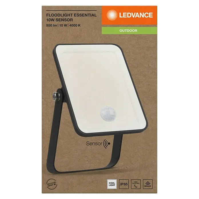 Ledvance Essential LED Baustrahler Sensor - 10 W, 950 lm, 4.000 K, 132 x 83 x 33 mm, IP65 - Schwarzer LED-Fluter mit weißer Lichtfläche, integriertem Bewegungssensor und verstellbarem Standfuß.