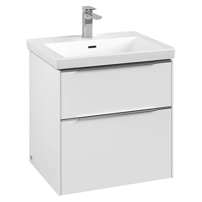 Villeroy & Boch Subway 3.0 Waschbeckenunterschrank - Pure White, Anzahl Schubladen: 2 Stk., Farbe Griff: Aluminium glänzend, B x T x H: 57,2 x 47,8 x 57,6 cm - Ein moderner Waschbeckenunterschrank in Weiß mit zwei Schubladen und einem Chromhahn. Stilvolles und funktionales Badezimmermöbel.