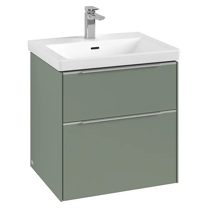 Villeroy & Boch Subway 3.0 Waschbeckenunterschrank - Soft Green, Anzahl Schubladen: 2 Stk., Farbe Griff: Aluminium glänzend, B x T x H: 57,2 x 47,8 x 57,6 cm - Bild eines modernen Badezimmerschranks mit Waschbecken in Grün und Weiß, stilvoll und funktional für jedes Badezimmer.