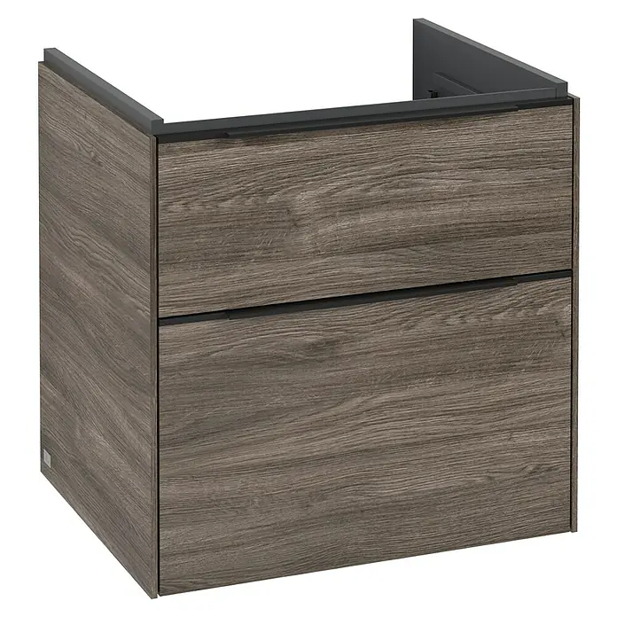 Villeroy & Boch Subway 3.0 Waschbeckenunterschrank - Stone Oak, Anzahl Schubladen: 2 Stk., Farbe Griff: Volcano Black, B x T x H: 57,2 x 47,8 x 57,6 cm - Ein moderner Waschbeckenunterschrank mit zwei Schubladen in Holzoptik. Das Möbelstück besticht durch sein schlichtes und elegantes Design.