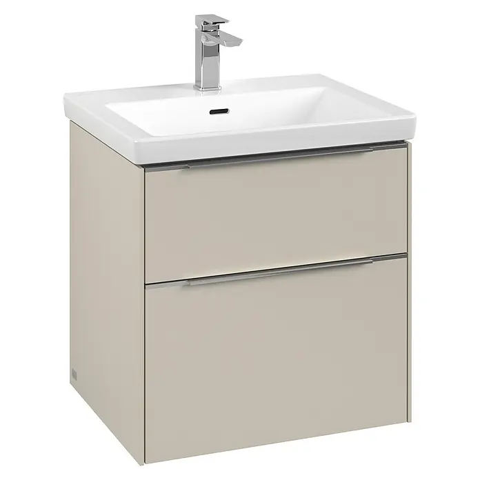 Villeroy & Boch Subway 3.0 Waschbeckenunterschrank - Cashmere Grey, Anzahl Schubladen: 2 Stk., Farbe Griff: Aluminium glänzend, B x T x H: 57,2 x 47,8 x 57,6 cm - Ein eleganter Waschtischunterschrank mit zwei Schubladen und einem modernen Waschbecken mit Armatur.