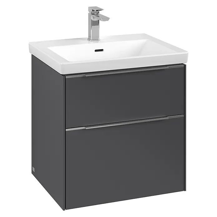 Villeroy & Boch Subway 3.0 Badmöbel-Set - Gesamtbreite Badmöbel: 57,2 cm, Graphite, Waschbecken in Weiß Alpin ohne Spezialglasur - Ein moderner Waschtischunterschrank in Anthrazit mit zwei Schubladen und einem weißen Aufsatzwaschbecken samt Armatur.