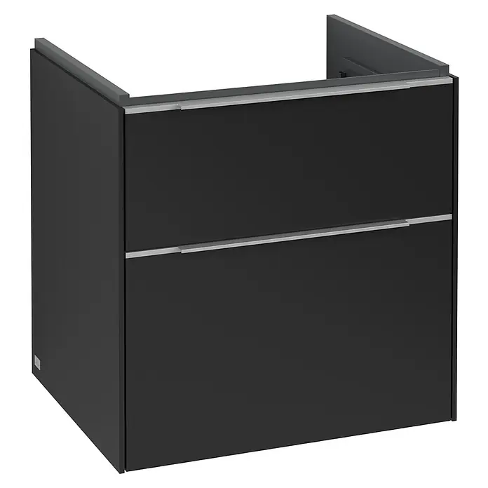Villeroy & Boch Subway 3.0 Waschbeckenunterschrank - Volcano Black, Anzahl Schubladen: 2 Stk., Farbe Griff: Aluminium glänzend, B x T x H: 57,2 x 47,8 x 57,6 cm - Modernes, schwarzes Waschbecken mit zwei Schubladen und silbernen Griffen, das Badmöbelstück bietet stilvollen Stauraum.
