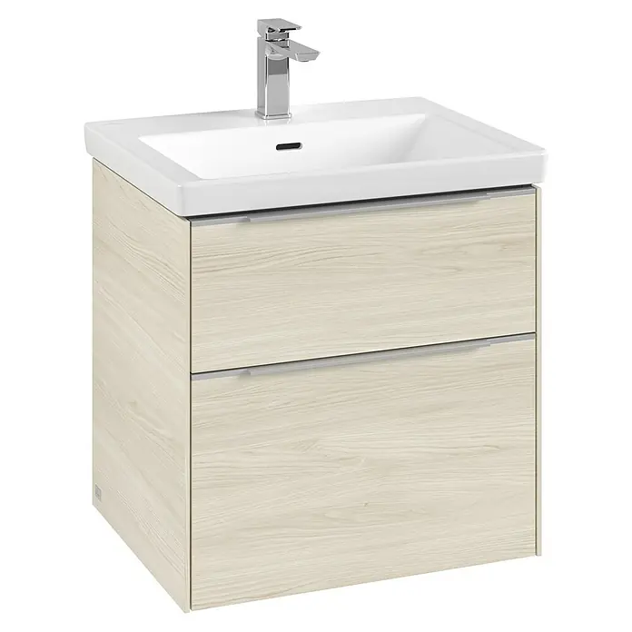 Villeroy & Boch Subway 3.0 Waschbeckenunterschrank - White Oak, Anzahl Schubladen: 2 Stk., Farbe Griff: Aluminium glänzend, B x T x H: 57,2 x 47,8 x 57,6 cm - Moderner Waschtisch mit Unterschrank in Holzoptik und einem weißen Waschbecken mit Armatur für ein stilvolles Badezimmerdesign.