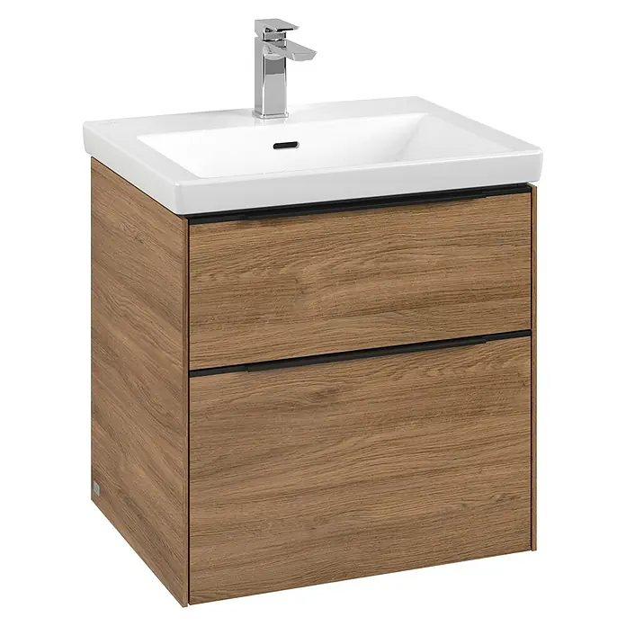 Villeroy & Boch Subway 3.0 Waschbeckenunterschrank - Kansas Oak, Anzahl Schubladen: 2 Stk., Farbe Griff: Volcano Black, B x T x H: 57,2 x 47,8 x 57,6 cm - Elegantes Waschbecken mit Unterschrank in Holzoptik und modernem Chromhahn für ein stilvolles Badezimmerdesign.