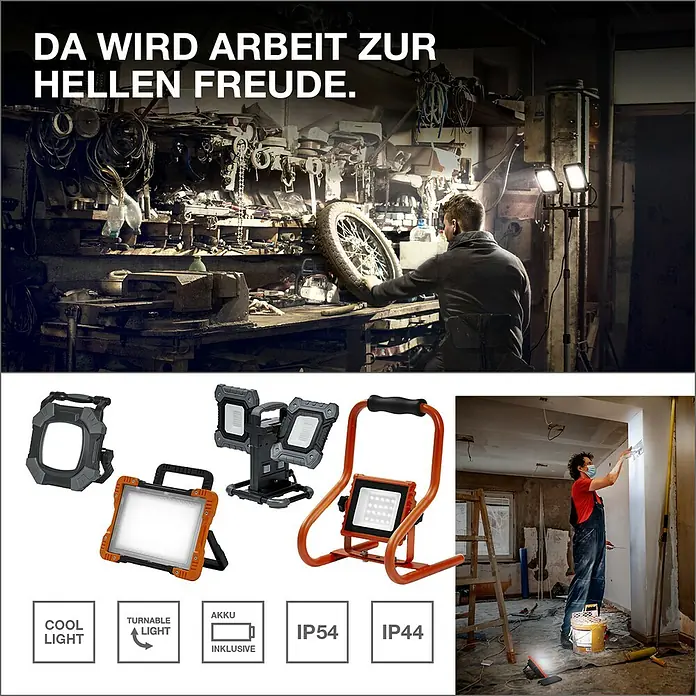 Ledvance LED Baustrahler Tripod - 20 W, 2.000 lm, 6.500 K, 1.070 x 920 x 1.550 mm, IP54 - Das Bild zeigt eine Auswahl an LED-Arbeitsleuchten verschiedener Modelle, geeignet für Werkstatt und Baustelle.