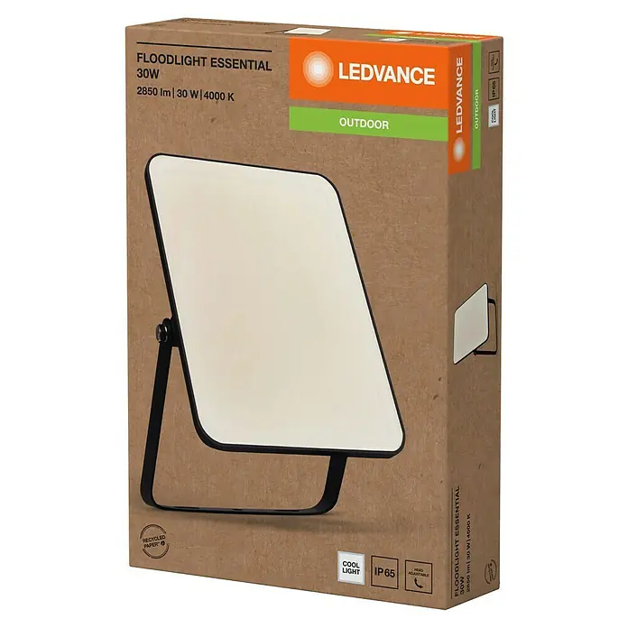 Ledvance Essential LED-Strahler - 30 W, 2.850 lm, 4.000 K, L x B x H: 186 x 128 x 28 mm, IP65 - Die Verpackung eines LEDVANCE Floodlight Essential 30W LED-Strahlers für den Außenbereich. Die Box ist aus recyceltem Papier.