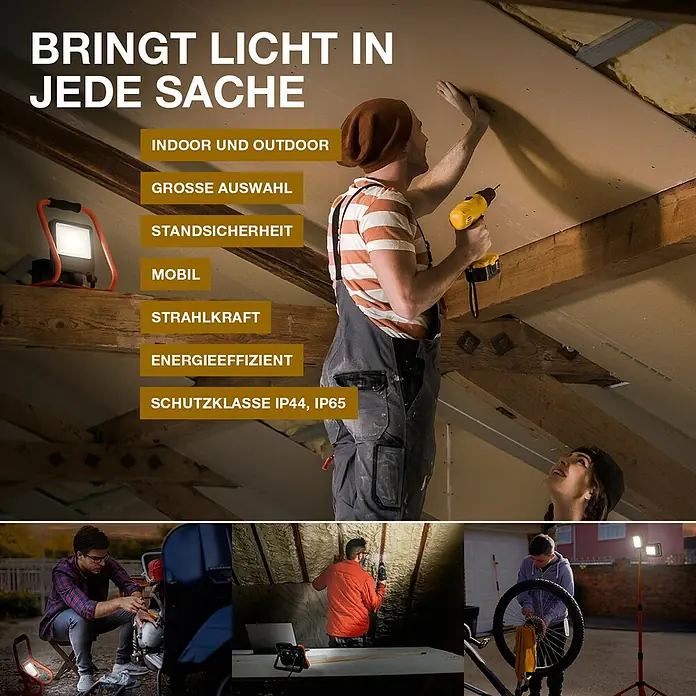 Ledvance LED-Baustrahler R-Stand - 20 W, 1.800 lm, 4.000 K, 266 x 200 x 276 mm, IP44 - Das Bild zeigt eine LED-Arbeitsleuchte, die vielseitig einsetzbar ist, sowohl im Innen- als auch im Außenbereich.