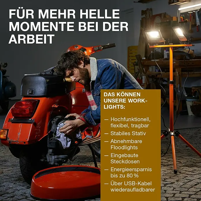 Ledvance LED-Baustrahler R-Stand - 20 W, 1.800 lm, 4.000 K, 266 x 200 x 276 mm, IP44 - Werkstattleuchte für hellere Momente bei der Arbeit. Hochfunktionell, flexibel, tragbar und mit stabilem Stativ.