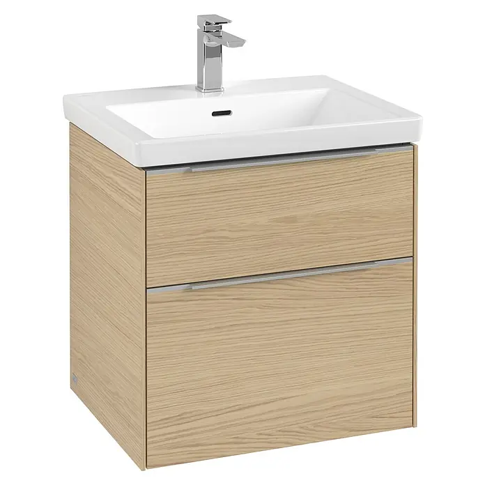 Villeroy & Boch Subway 3.0 Waschbeckenunterschrank - Nordik Oak, Anzahl Schubladen: 2 Stk., Farbe Griff: Aluminium glänzend, B x T x H: 57,2 x 47,8 x 57,6 cm - Ein moderner Waschtischunterschrank in Holzoptik mit zwei Schubladen und einem Aufsatzwaschbecken. Elegantes Design für jedes Badezimmer.