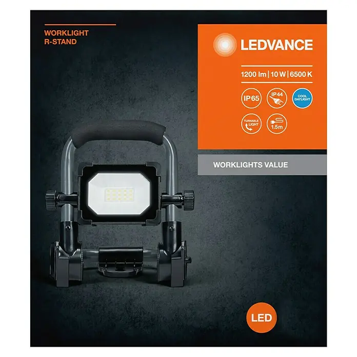 Ledvance LED Baustrahler R-Stand - 1.000 lm, 6.500 K, 180 x 138,5 x 194 mm, IP54 - Abbildung einer LEDVANCE Arbeitsleuchte R-Stand mit 1200 lm, 10 W und 6500 K, ideal für den Einsatz als Baustellenleuchte mit hoher Schutzart.