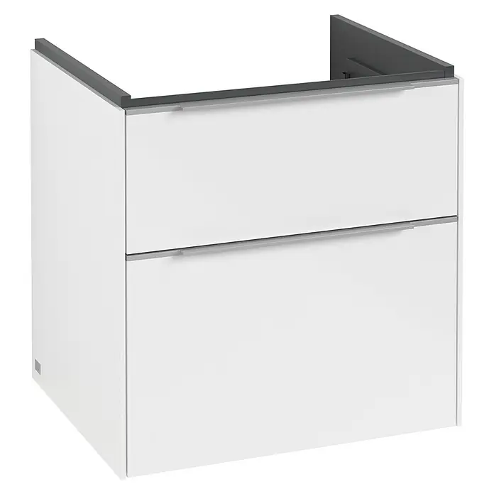 Villeroy & Boch Subway 3.0 Waschbeckenunterschrank - Brilliant White, Anzahl Schubladen: 2 Stk., Farbe Griff: Aluminium glänzend, B x T x H: 57,2 x 47,8 x 57,6 cm, Mit Beleuchtung - Ein Waschbeckenunterschrank in Weiß mit grauer Abdeckung und Schubladen, ideal für moderne Badezimmerdesigns.