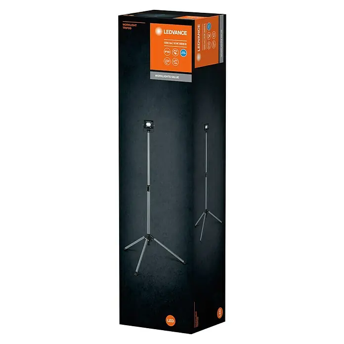 Ledvance LED Baustrahler Tripod - 10 W, 1.200 lm, 6.500 K, 730 x 630 x 1.296 mm, IP65 - Schwarze und orange LEDVANCE Arbeitsleuchte Stativ Verpackung mit der grauen Stativ-Arbeitsleuchte und LED-Lampe, die darauf steht.