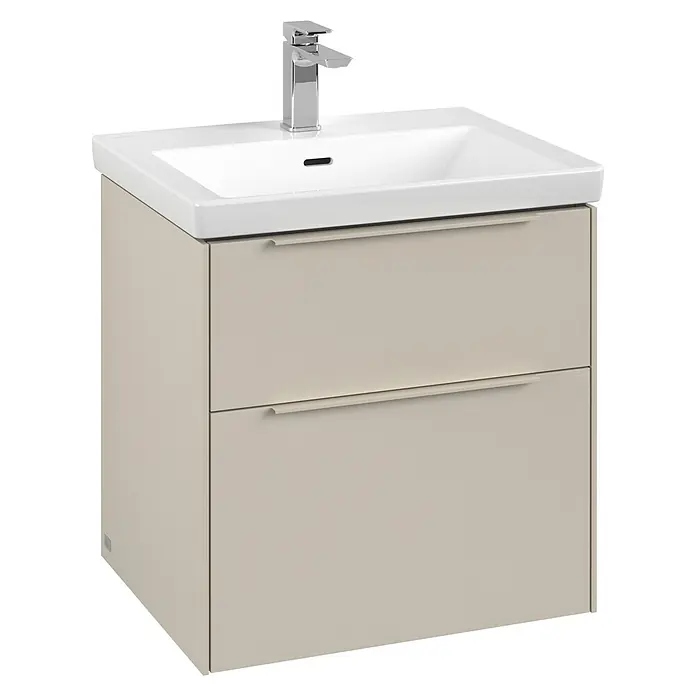 Villeroy & Boch Subway 3.0 Waschbeckenunterschrank - Cashmere Grey, Anzahl Schubladen: 2 Stk., Farbe Griff: Monochrom, B x T x H: 57,2 x 47,8 x 57,6 cm - Ein moderner Waschtisch mit zwei Schubladen in einem schlichten Design. Der Waschtisch verfügt über ein integriertes Waschbecken und eine Armatur.