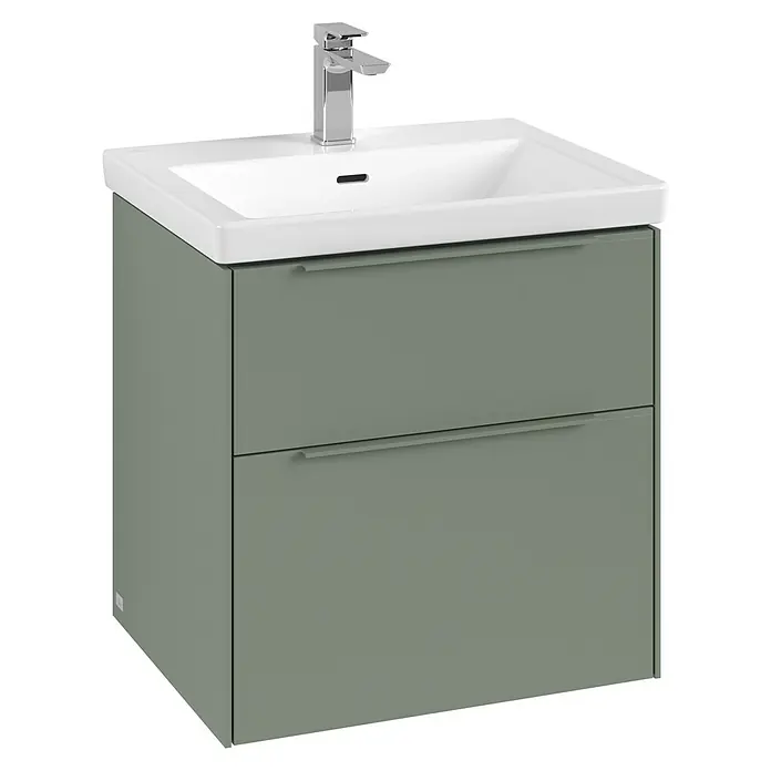 Villeroy & Boch Subway 3.0 Waschbeckenunterschrank - Soft Green, Anzahl Schubladen: 2 Stk., Farbe Griff: Monochrom, B x T x H: 57,2 x 47,8 x 57,6 cm - Modernes Badezimmerwaschbecken mit Unterschrank in Grün und stilvoller Armatur für ein elegantes Badambiente.