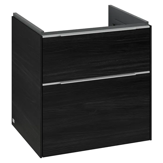 Villeroy & Boch Subway 3.0 Waschbeckenunterschrank - Black Oak, Anzahl Schubladen: 2 Stk., Farbe Griff: Aluminium glänzend, B x T x H: 57,2 x 47,8 x 57,6 cm, Mit Beleuchtung - Detailaufnahme eines dunklen Waschtischunterschranks mit zwei Schubladen und silbernen Griffen für das Badezimmer.