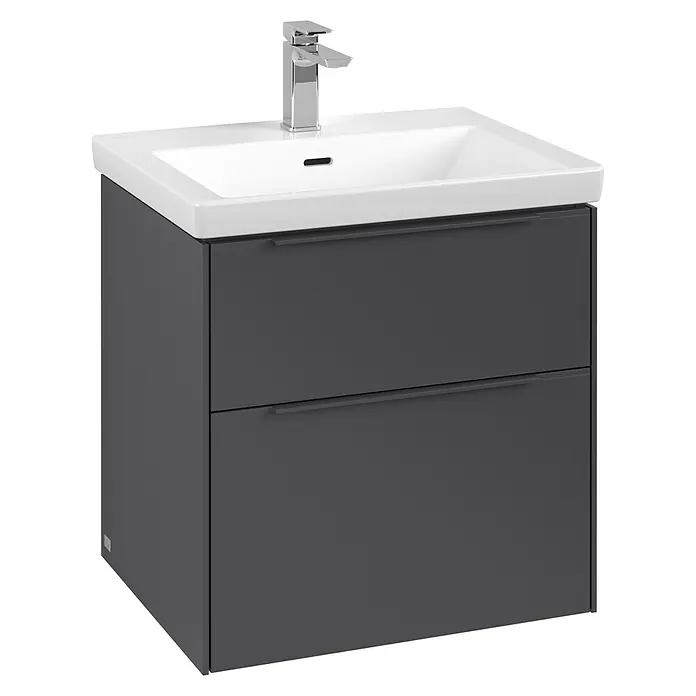 Villeroy & Boch Subway 3.0 Waschbeckenunterschrank - Graphite, Anzahl Schubladen: 2 Stk., Farbe Griff: Monochrom, B x T x H: 57,2 x 47,8 x 57,6 cm - Ein moderner Waschtischunterschrank in Anthrazit mit einem weißen Waschbecken und einer Armatur. Das Möbelstück verfügt über zwei Schubladen.