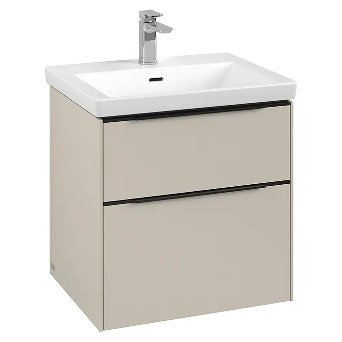Villeroy & Boch Subway 3.0 Waschbeckenunterschrank - Cashmere Grey, Anzahl Schubladen: 2 Stk., Farbe Griff: Volcano Black, B x T x H: 57,2 x 47,8 x 57,6 cm - Moderner Waschtischunterschrank in Beige mit Aufsatzwaschbecken und verchromter Armatur für ein stilvolles Badezimmerambiente.