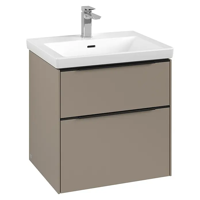 Villeroy & Boch Subway 3.0 Waschbeckenunterschrank - Taupe, Anzahl Schubladen: 2 Stk., Farbe Griff: Volcano Black, B x T x H: 57,2 x 47,8 x 57,6 cm - Ein Waschbeckenunterschrank mit zwei Schubladen und einem modernen Wasserhahn. Das Möbelstück ist in einem neutralen Farbton gehalten.